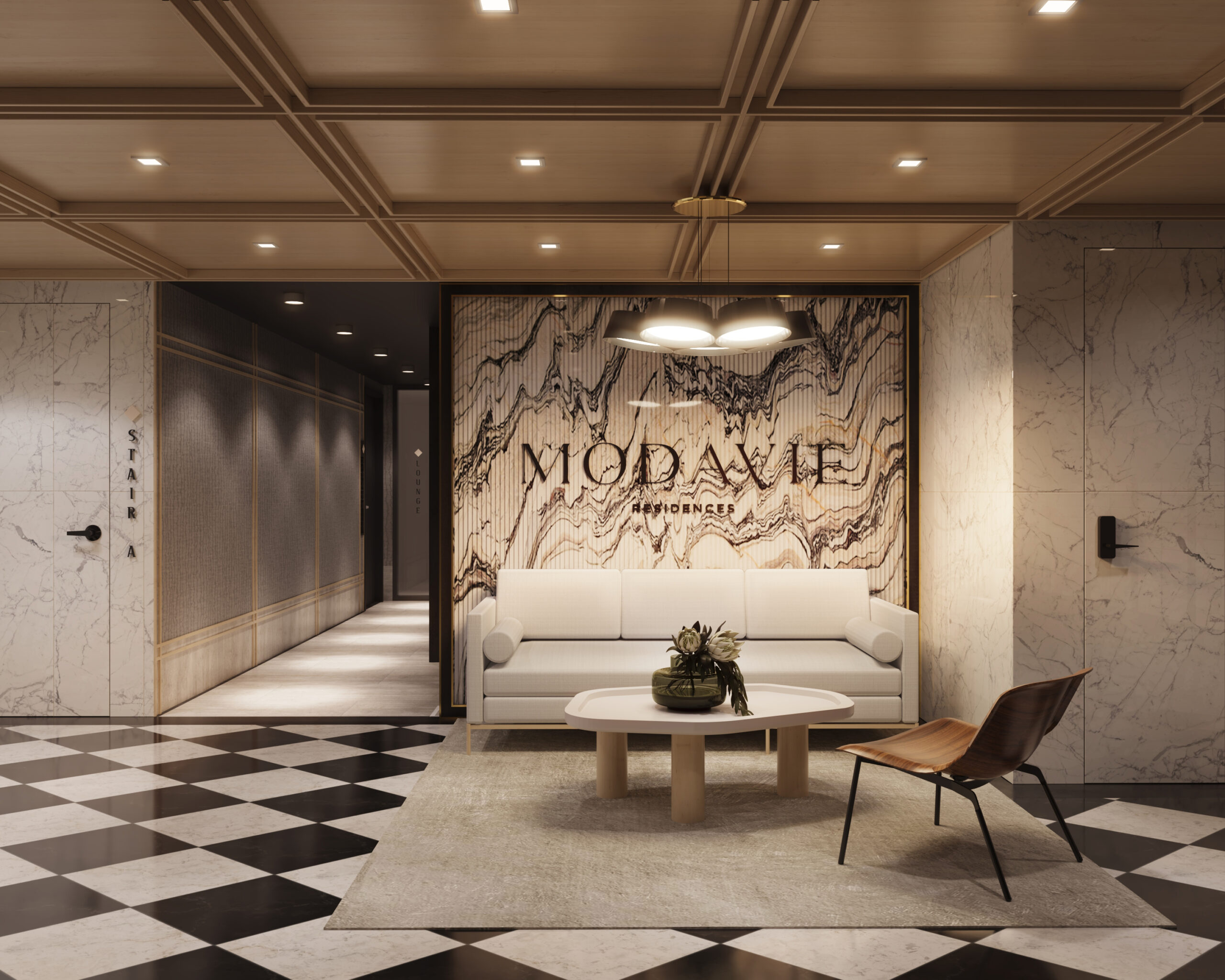 Grand lobby at Modavie Residences, 88 Schermerhorn Street, Brooklyn Heights, featuring a marble-clad reception area and custom furnishings.